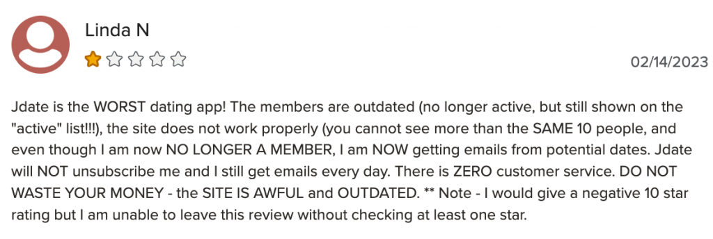 1-star BBB review of Jdate, a Jewish dating site.