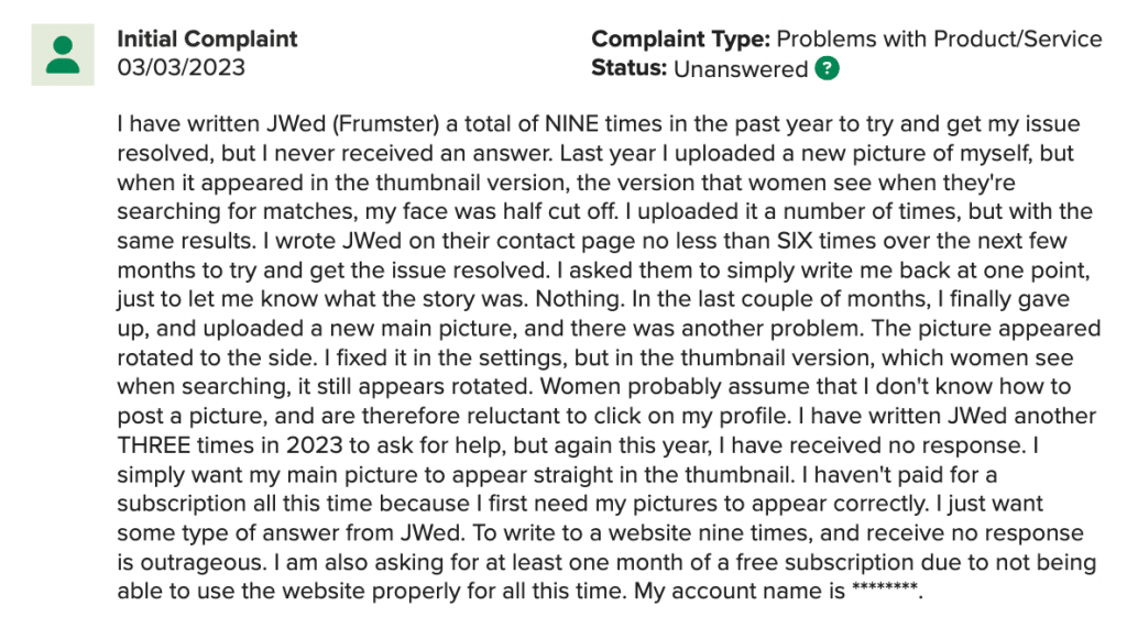 BBB complaint for JWed, a Jewish dating site.