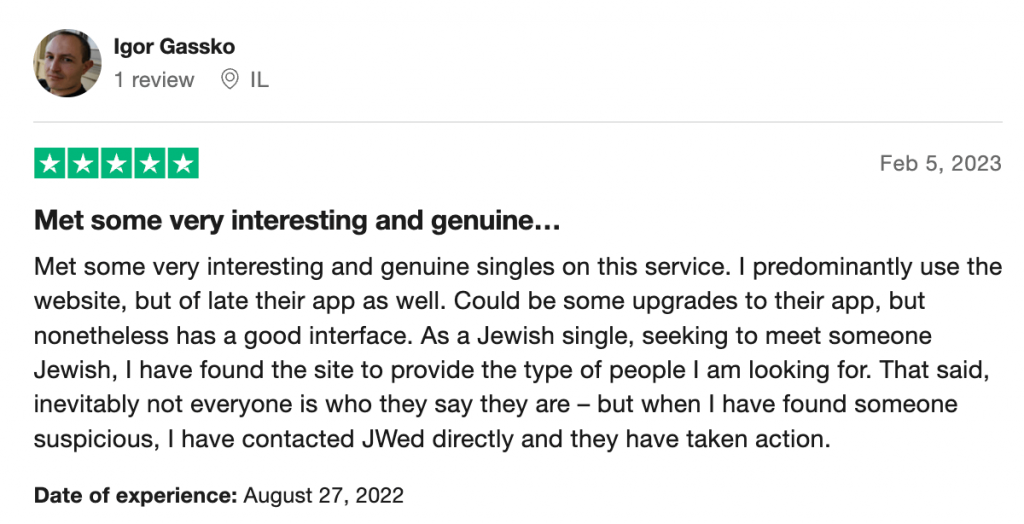 1-star Trustpilot review for JWed, a Jewish dating site.
