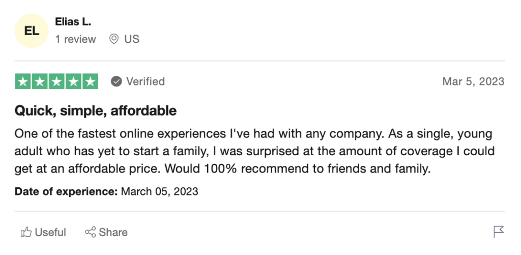 5-star Ladder Insurance review posted on Trustpilot.
