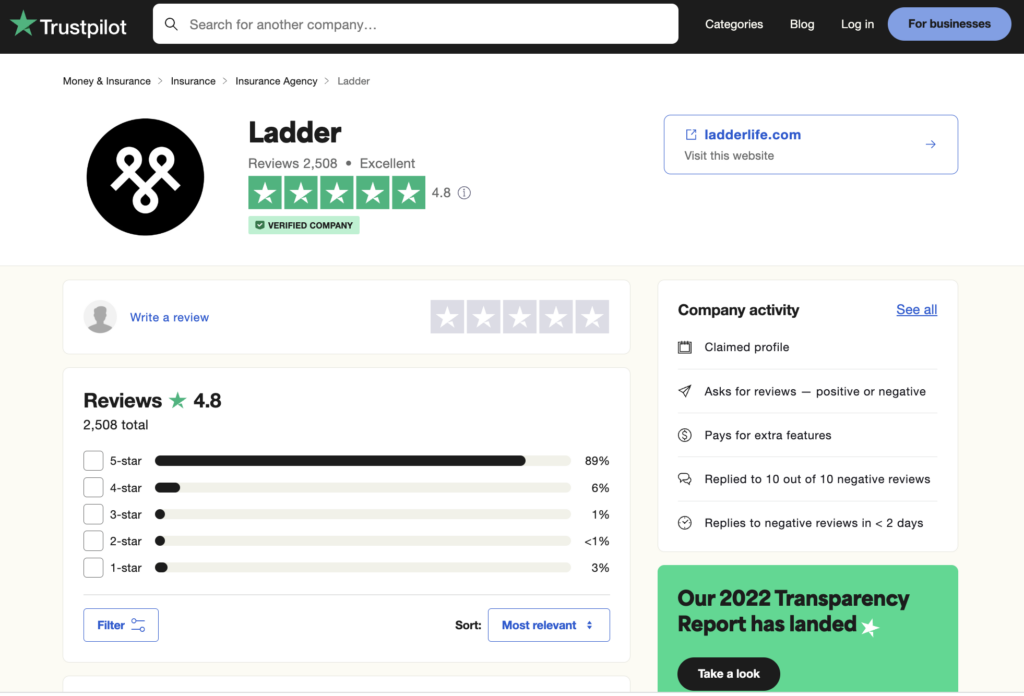 Ladder Insurance review Trustpilot page.