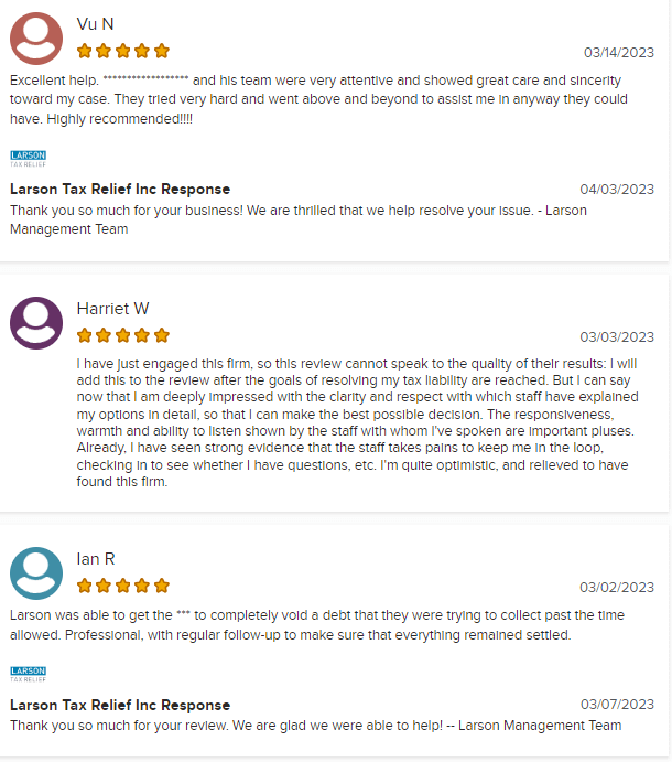 Five-star reviews of Larson Tax Relief on BBB.