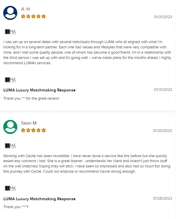 BBB reviews from professional matchmaking service LUMA.