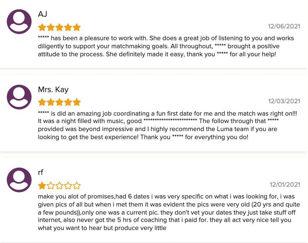 BBB reviews from professional matchmaking service LUMA.