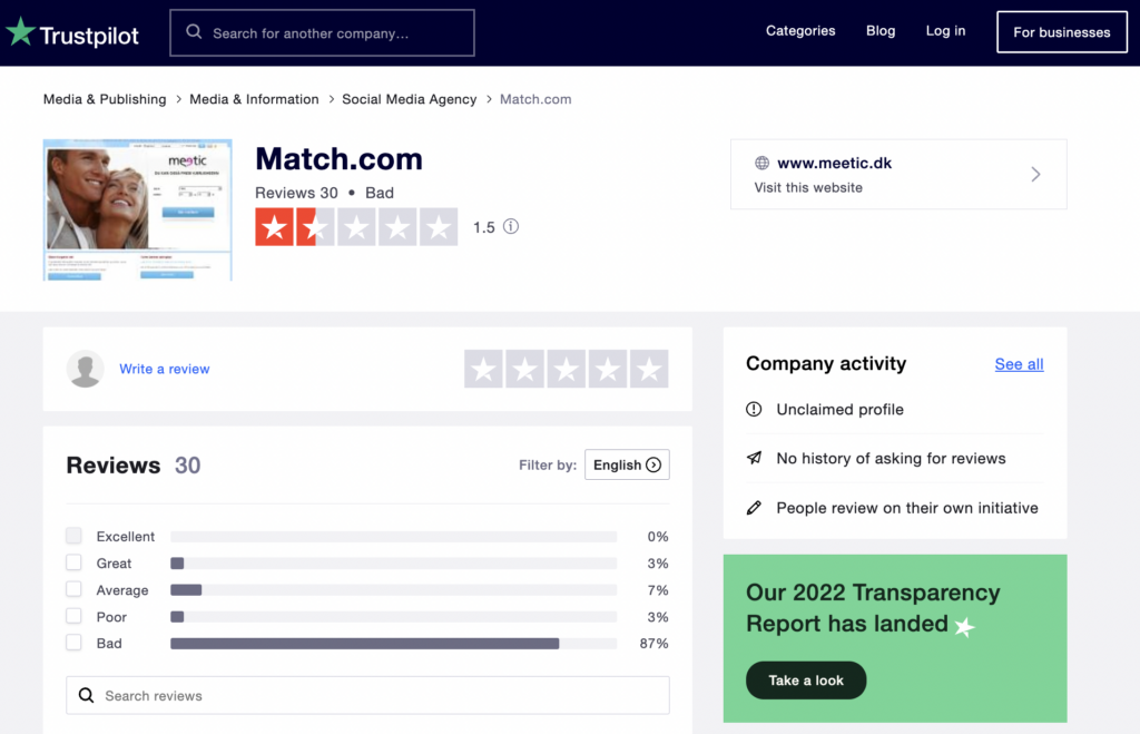 Match.com Trustpilot page.