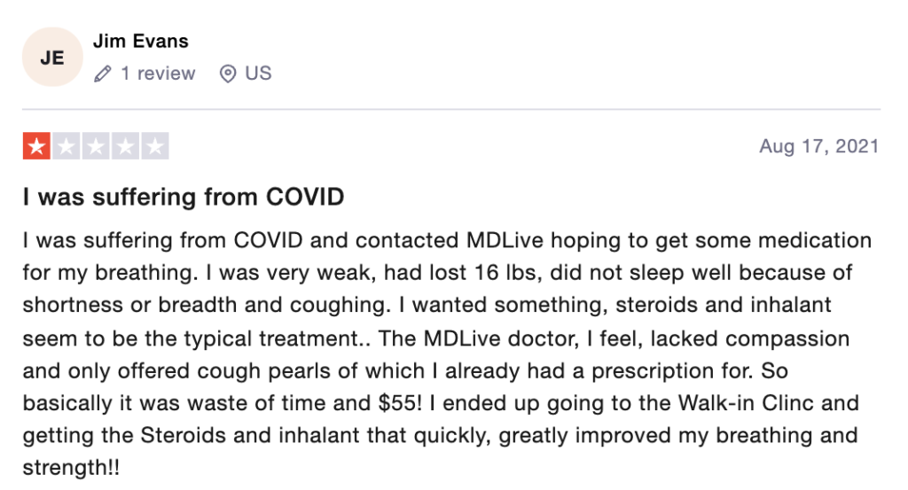Negative Trustpilot review posted about online therapy site mdlive.