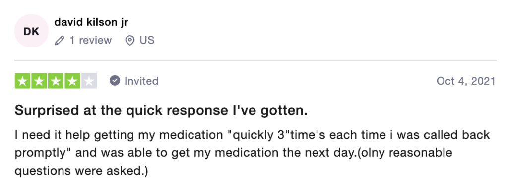 Positive Trustpilot review posted about online therapy site mdlive.