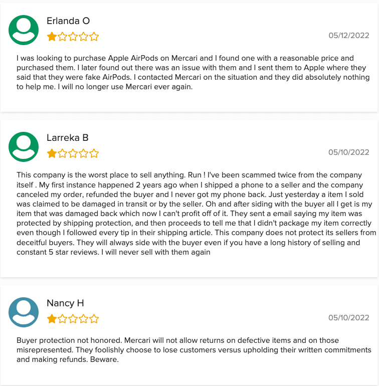 Mercari reviews posted on the Better Business Bureau.