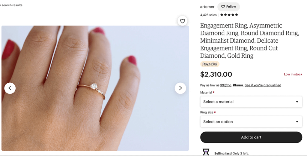 Minimalist style unique engagement ring on Etsy.