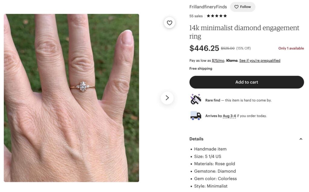 Minimalist unique engagement ring on Etsy.