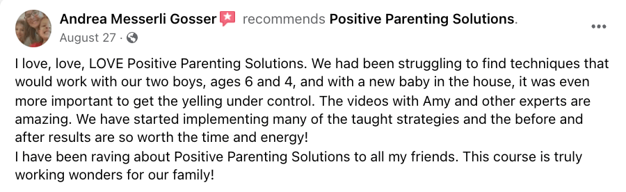 Facebook review of online parenting classes from Positive Parenting Solutions.