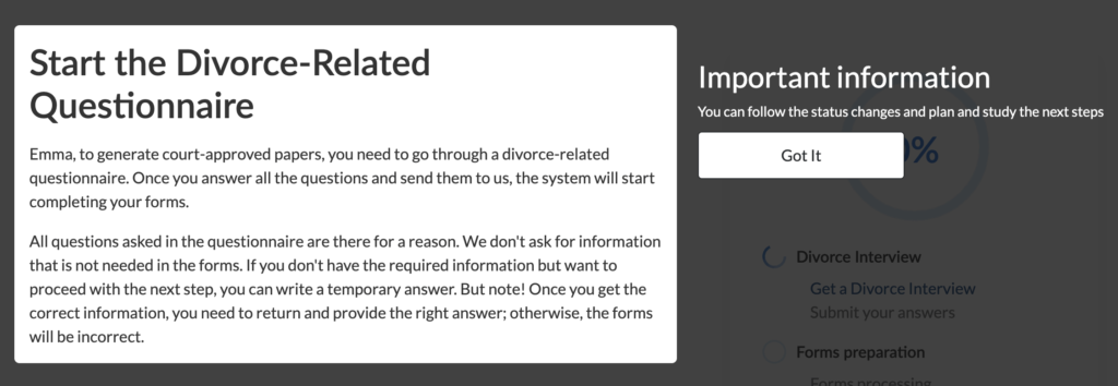 Questionnaire on Onlinedivorce.com reviews.