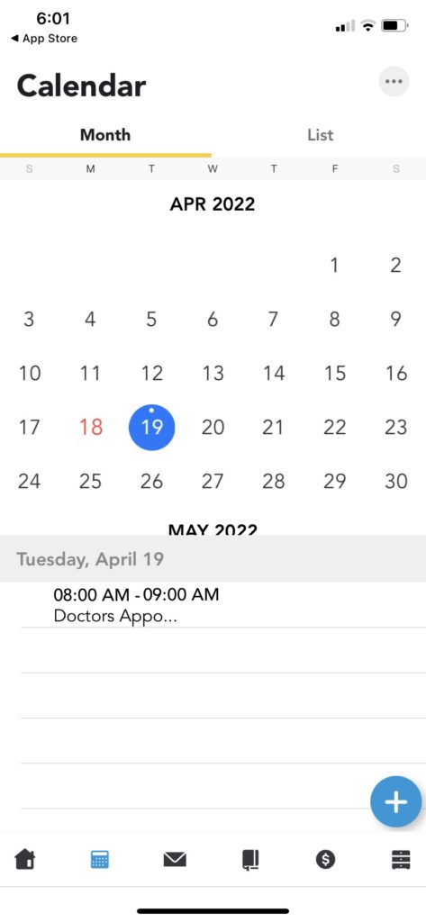 Calendar on Our Family Wizard mobile app.