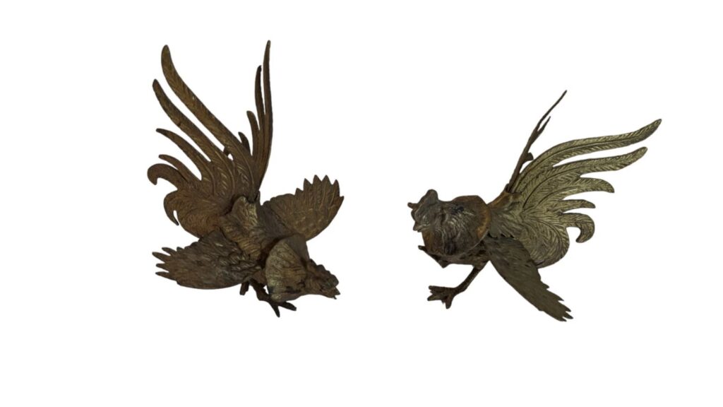 pair of mid-century brass fighting roosters