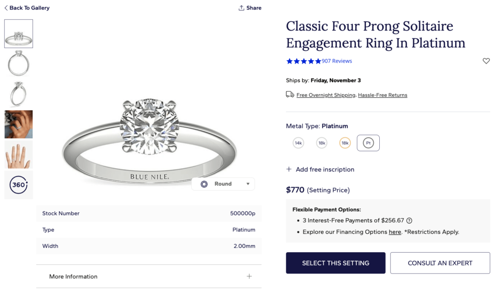 Platinum vs. white gold engagement ring from Blue Nile.