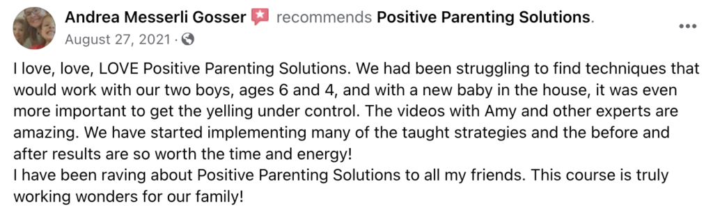 Positive member review posted on Positive Parenting Solutions Facebook page.