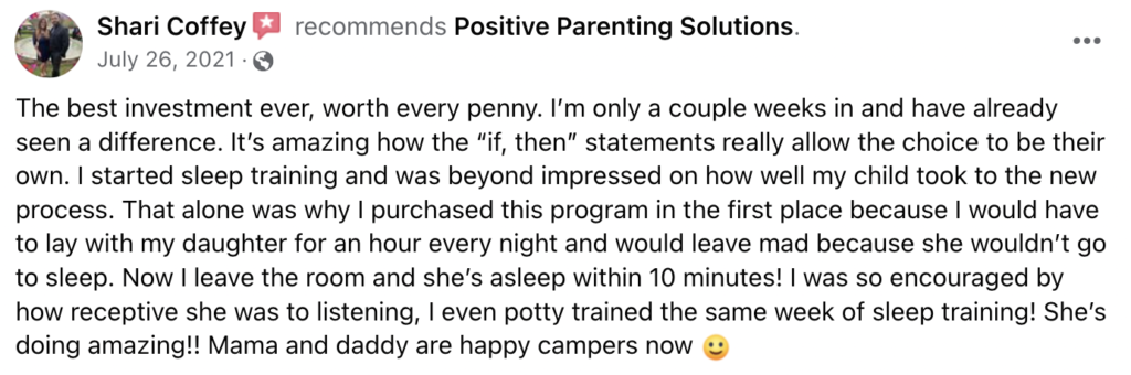 Review posted on Positive Parenting Solutions Facebook page.