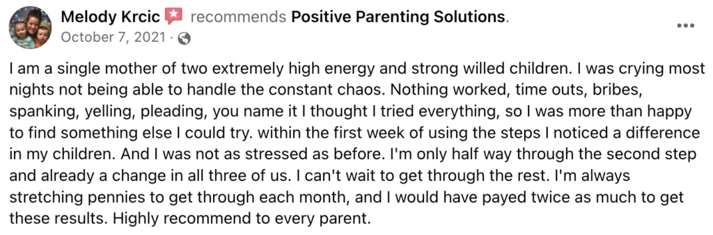 Positive Facebook review about Positive Parenting Solutions.