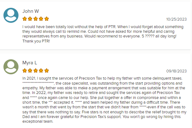 BBB reviews of Precision Tax Relief, one of the best tax relief companies.