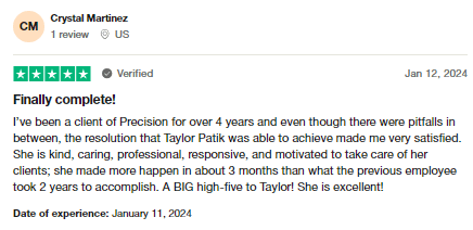 Trustpilot review of Precision Tax Relief, one of the best tax relief companies.