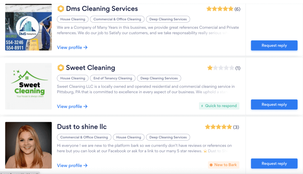Examples of professional cleaning services found through Bark.com.