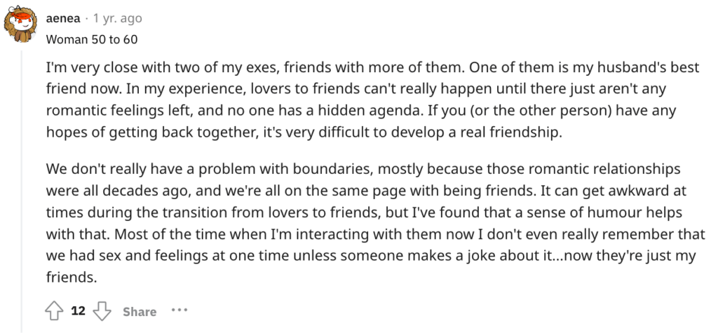 Reddit thread about pros of being friends with an ex.
