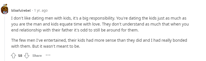 Reddit user talks about the hard part of dating a man with kids.