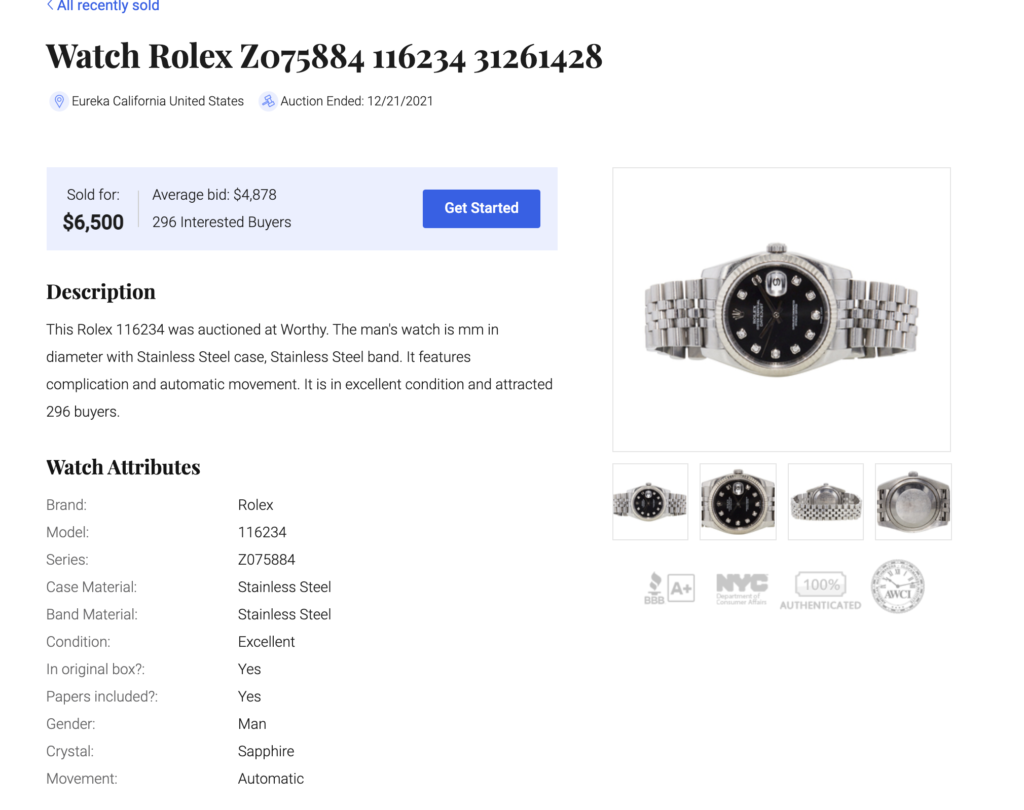 Worthy sells Rolex watch online.