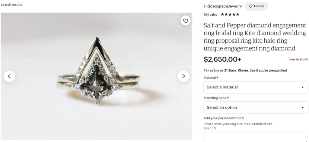 Salt and pepper unique engagement ring on Etsy.