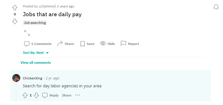 Reddit thread about same-day pay jobs.