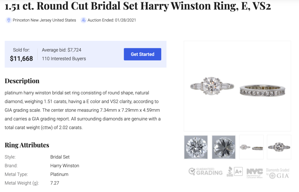 Harry Winston bridal set sold on Worthy.