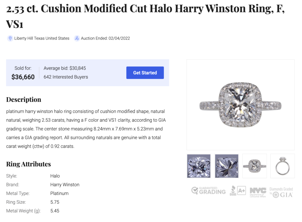 Harry Winston cushion cut halo ring sold on Worthy.