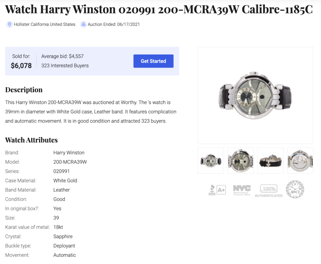 Harry Winston white gold watch sold on Worthy.