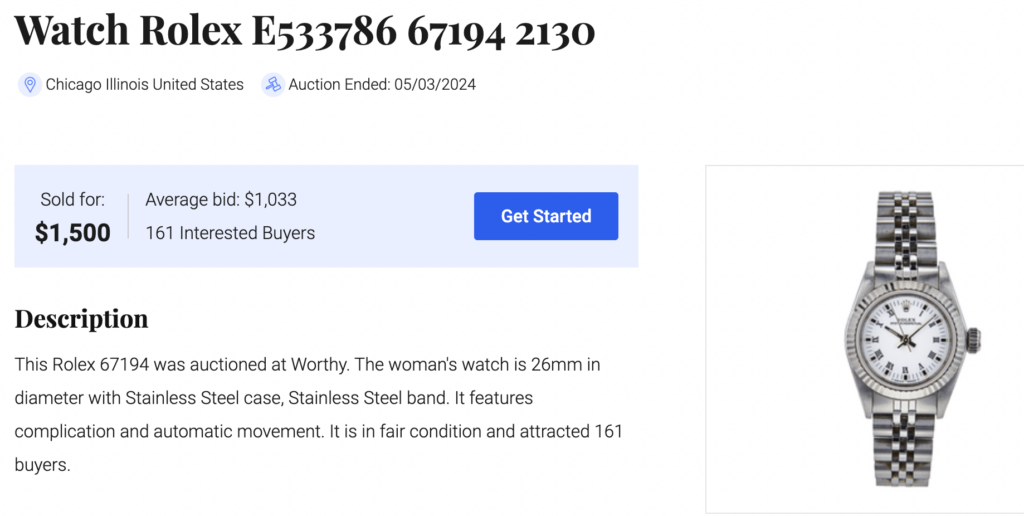 Tiffany watch sold on Worthy.com for $1,500.