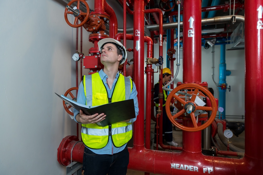 Pump service technician checking fire-sprinkler water pump Pump service technician inspecting red pipework and valves in a fire-sprinkler pump room