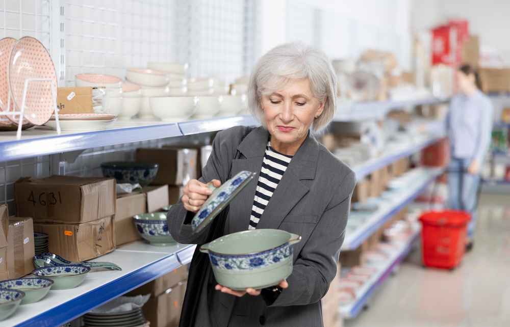 looking at home ware in thrift store