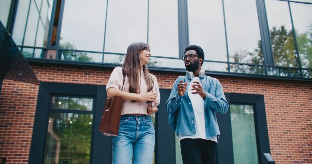 Man and woman walking together, relaxed