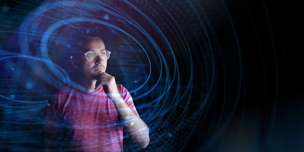 Man in glasses thinking, surrounded by futuristic digital swirl patterns and data streams, symbolizing innovation, technology, artificial intelligence, and deep analytical thinking.