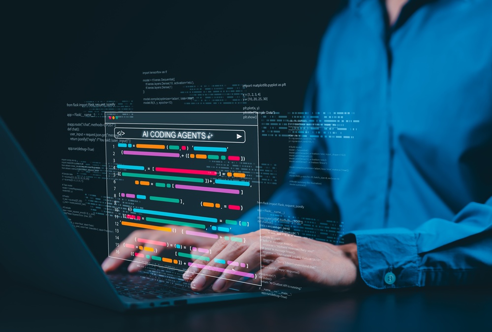 Person using a laptop with overlaid AI coding agent graphics and programming code