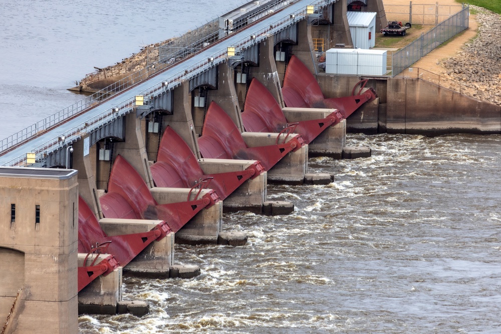 Spillway gates releasing water at Lock and Dam No. 11 on the Mississippi River