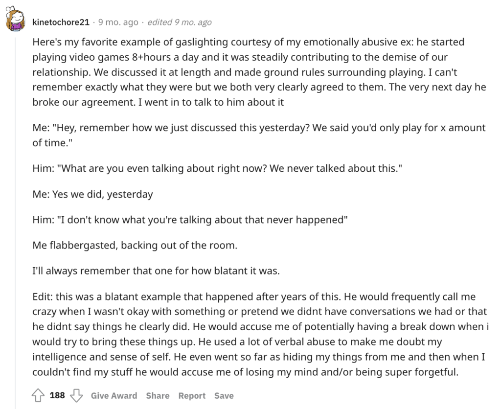 Reddit signs of gaslighting about playing video games.