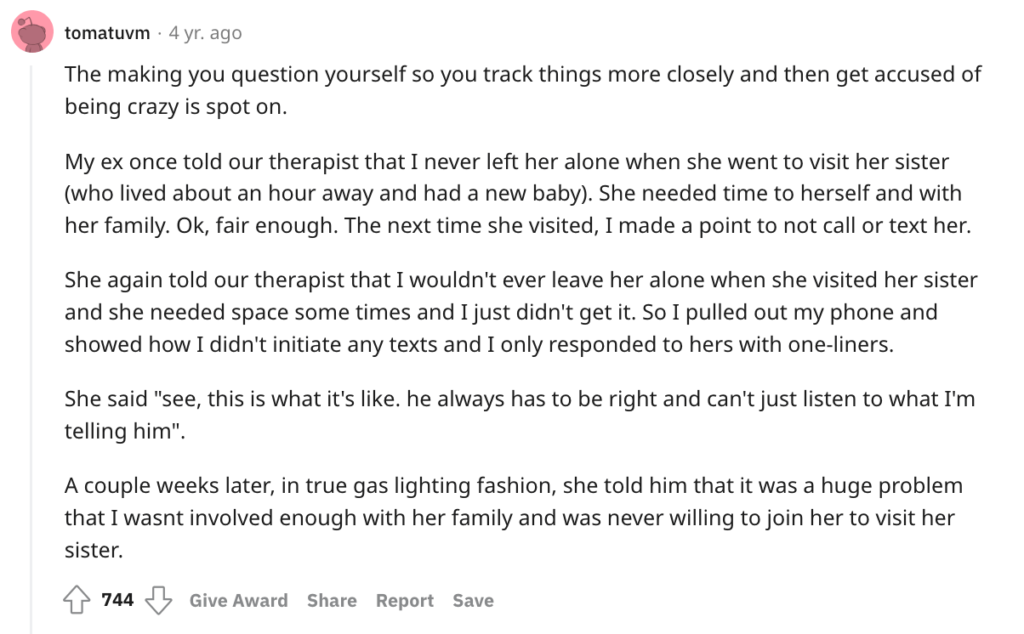 Reddit signs of gaslighting about being crazy.