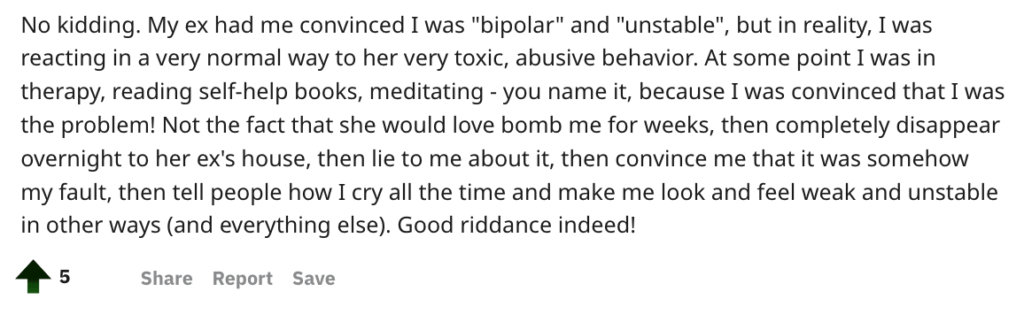 Reddit signs of gaslighting about a toxic partner.