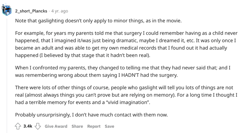 Reddit signs of gaslighting about surgery.