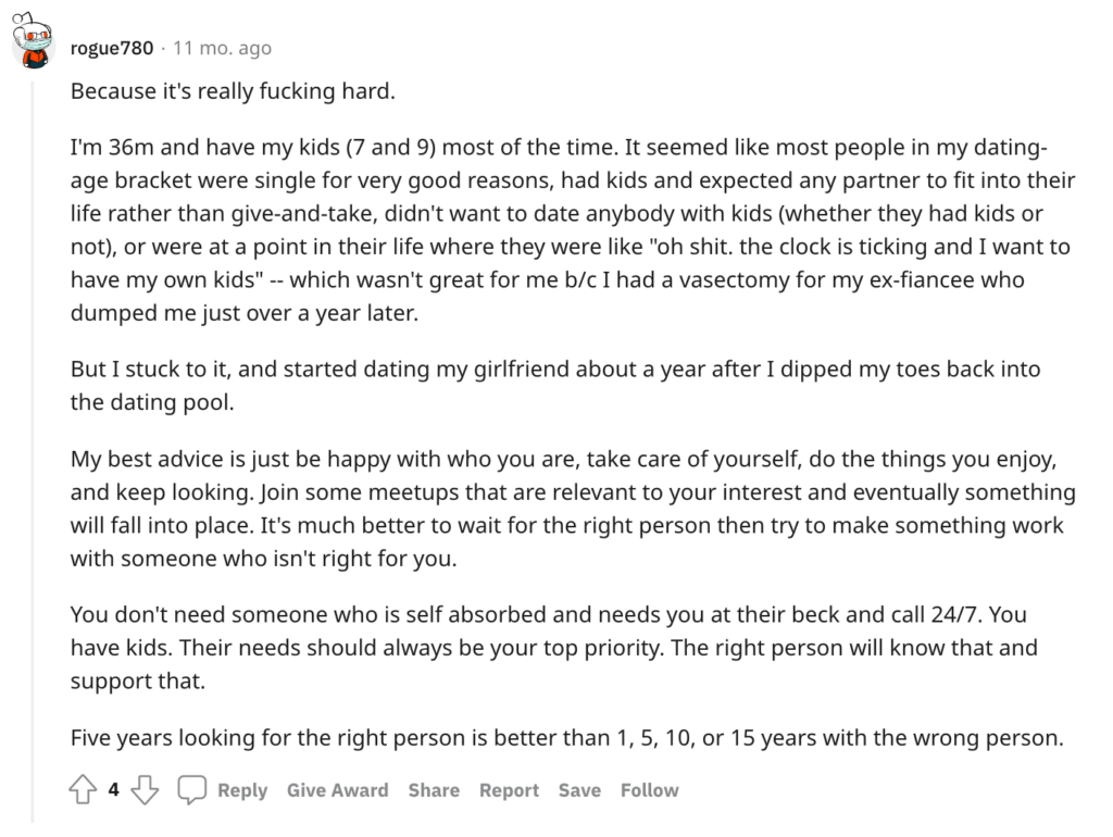 Reddit comment about why single dads dating is hard.