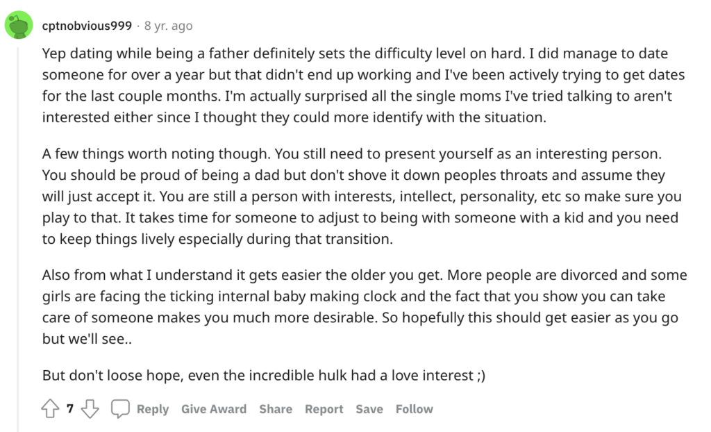 Reddit comment about hard parts of single dads dating.