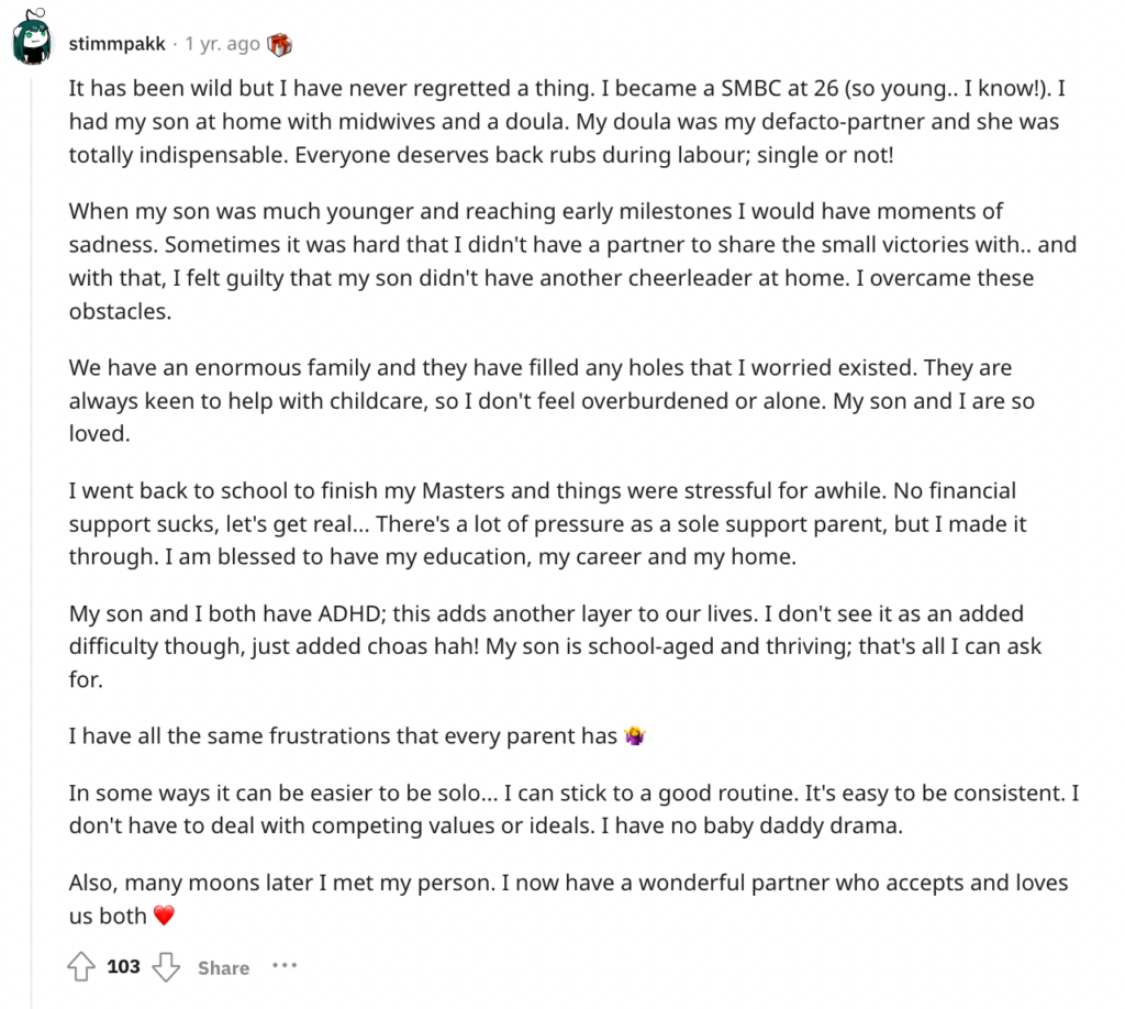 Single moms by choice on Reddit share their experiences.