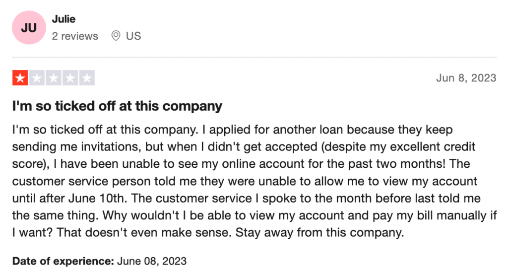 1-star Trustpilot review of Lending Club, a provider of single mom loans.