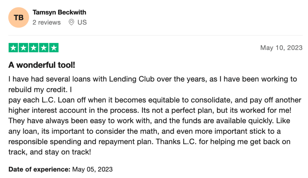 5-star Trustpilot review of Lending Club, a provider of single mom loans.