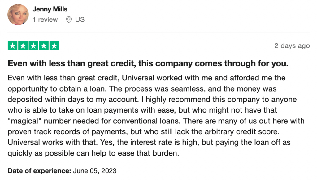 5-star Trustpilot review of Upgrade, a provider of single mom loans.